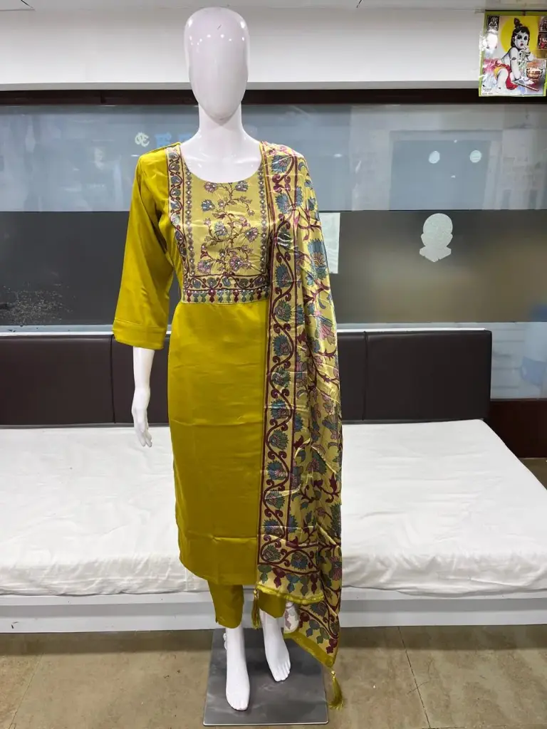 Gaji Silk Fabric With Hand work & Kalmkari Duptta