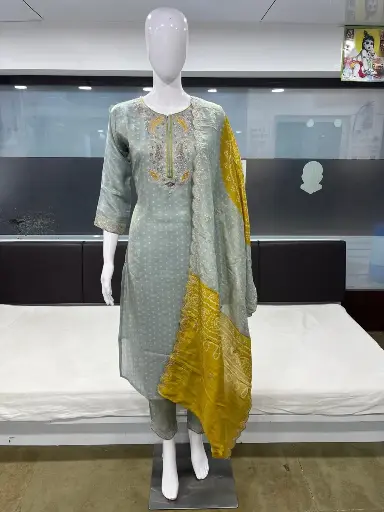 Simar Silk Fabric With Hand Work & Contrast Duptta